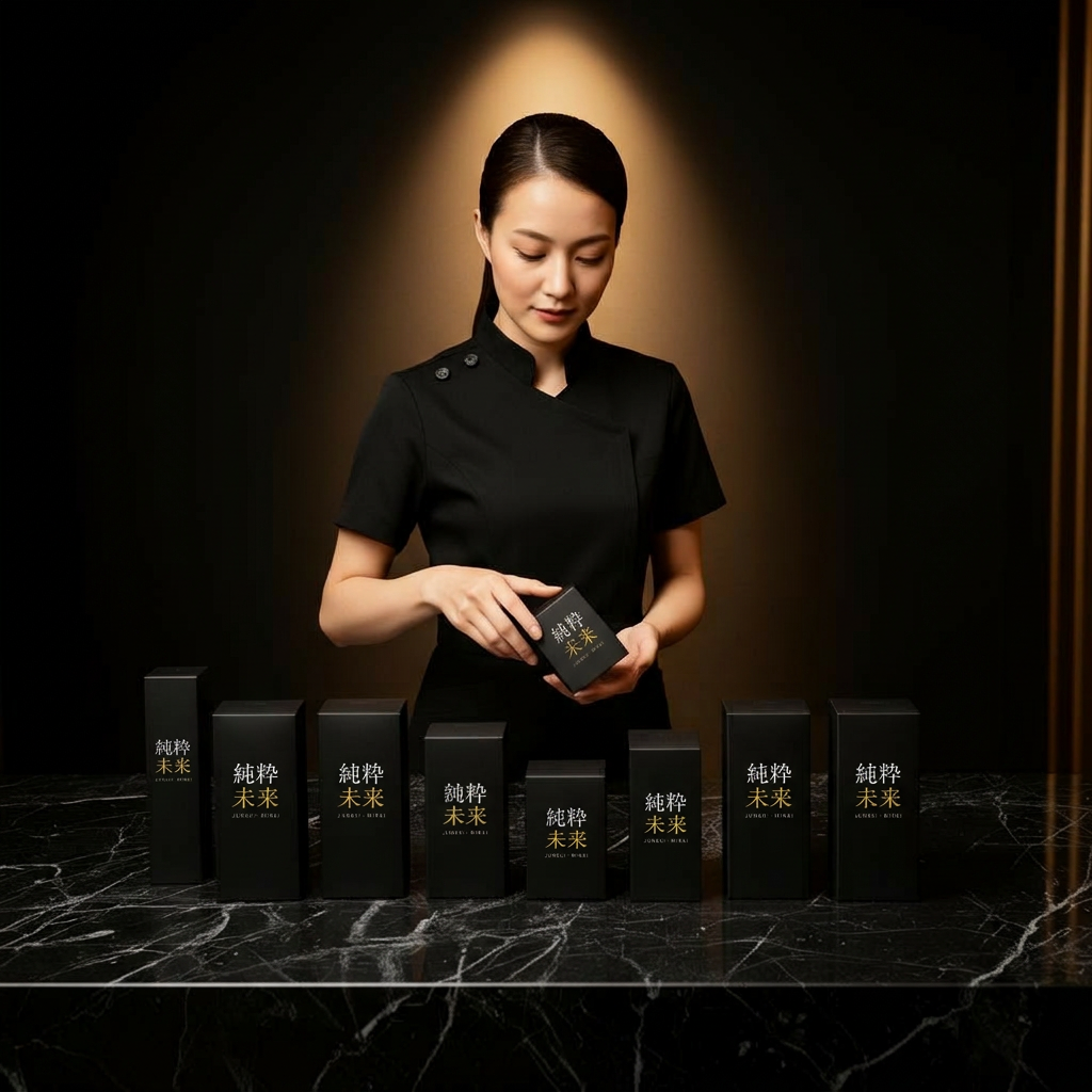 Row of matte black Junsui Mirai boxes on a dark marble MedSpa backbar
