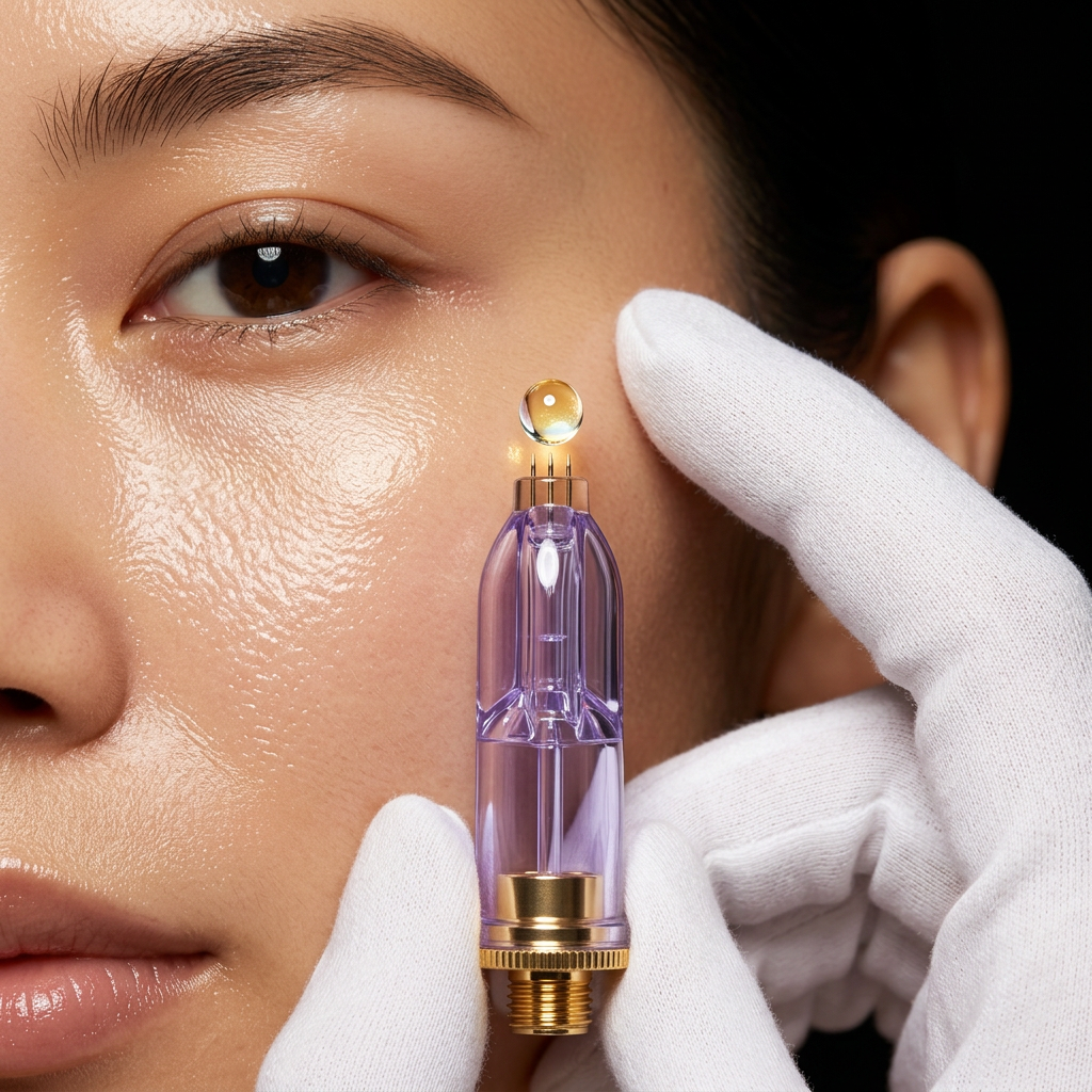 Gloved hand holding ampoule with a golden serum droplet on the blunt tip