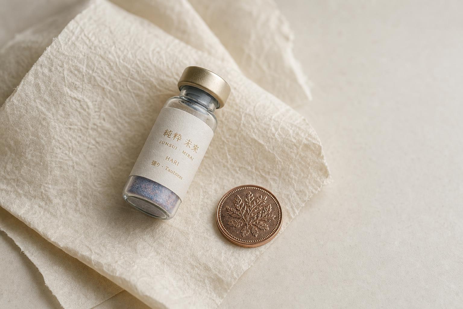 JUNSUI Hari 5ml copper peptide GHK-Cu ampoule on washi paper with copper coin — Japanese biotechnology skincare