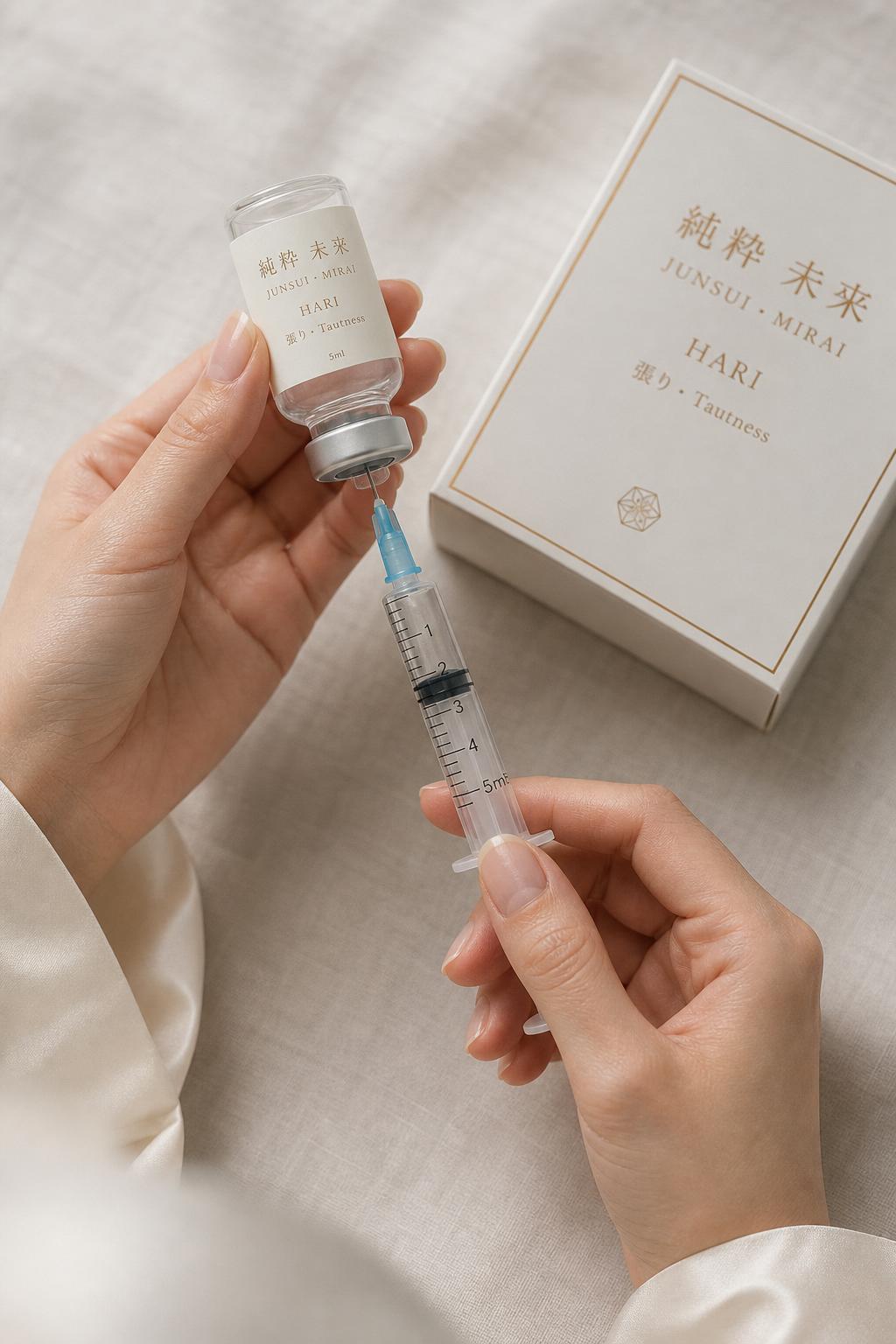 Hands preparing copper-blue JUNSUI Hari GHK-Cu peptide serum for at-home cosmetic skincare ritual and post-care