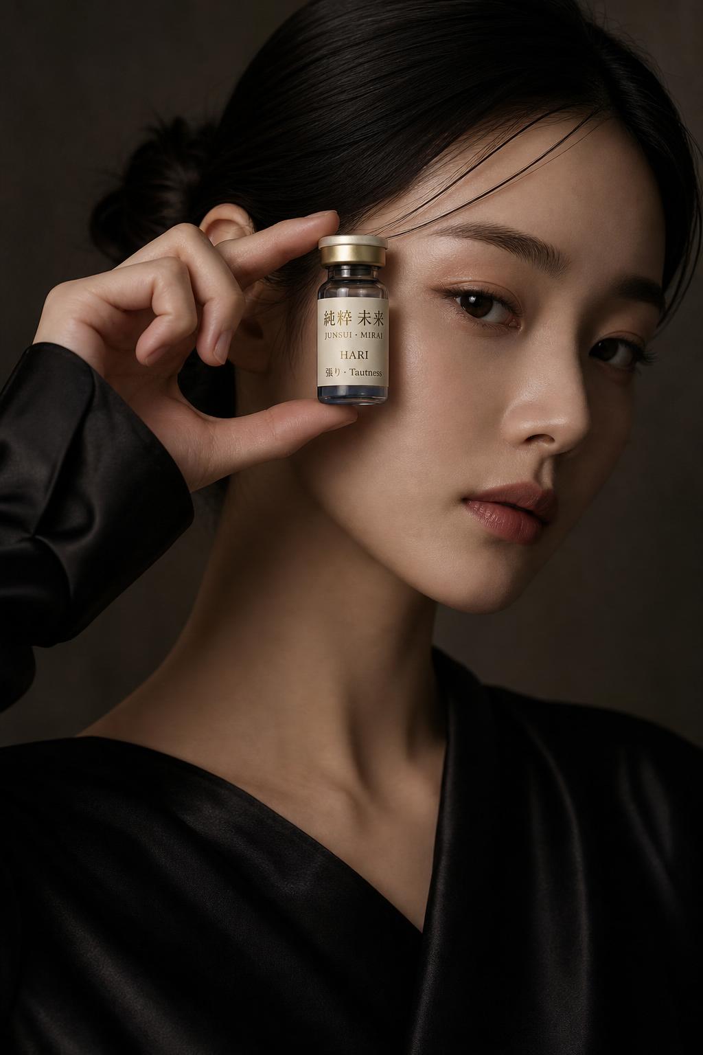 Sophisticated Japanese woman with JUNSUI Hari copper peptide serum ampoule at orbital ridge — GHK-Cu anti-aging skincare