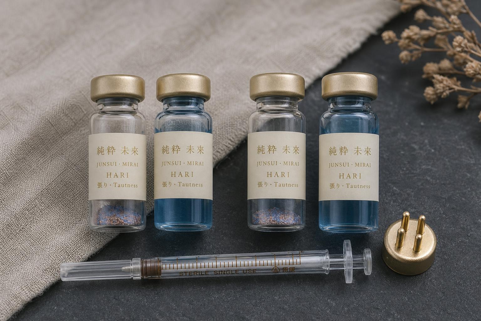 Copper-blue GHK-Cu peptide serum drop over porcelain — JUNSUI Hari bio-peptide elixir for elasticity and collagen synthesis