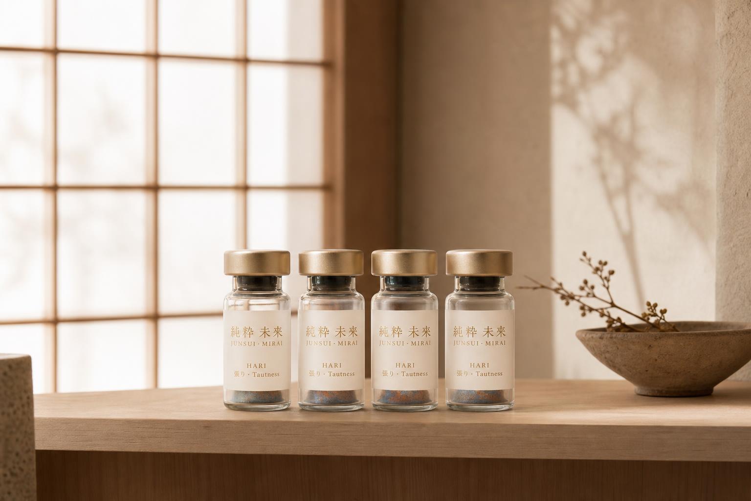 Four JUNSUI Hari copper peptide ampoules on pale oak shelf before shoji screen — GHK-Cu bio-peptide elixir Japanese ritual