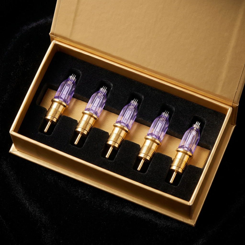 Three Junsui Mirai tri-pin 34G micro-channel caps in champagne gold and violet
