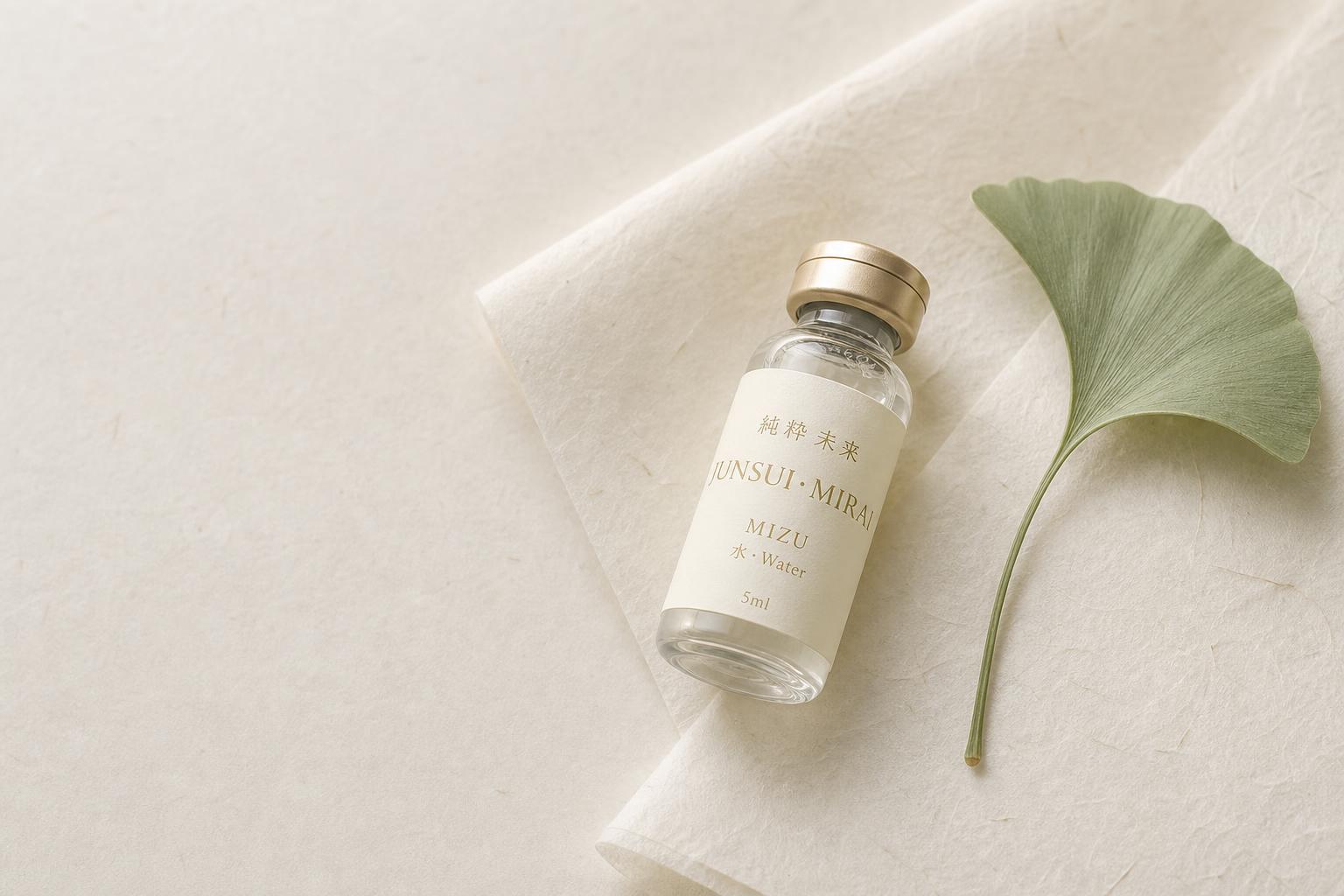 JUNSUI Mizu 5ml multi-molecular hyaluronic acid ampoule on washi paper with ginkgo leaf — Japanese biotechnology skincare