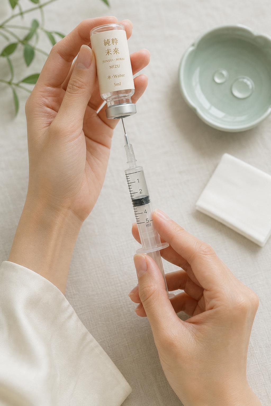Hands preparing JUNSUI Mizu hyaluronic acid serum for at-home cosmetic skincare ritual and post-care