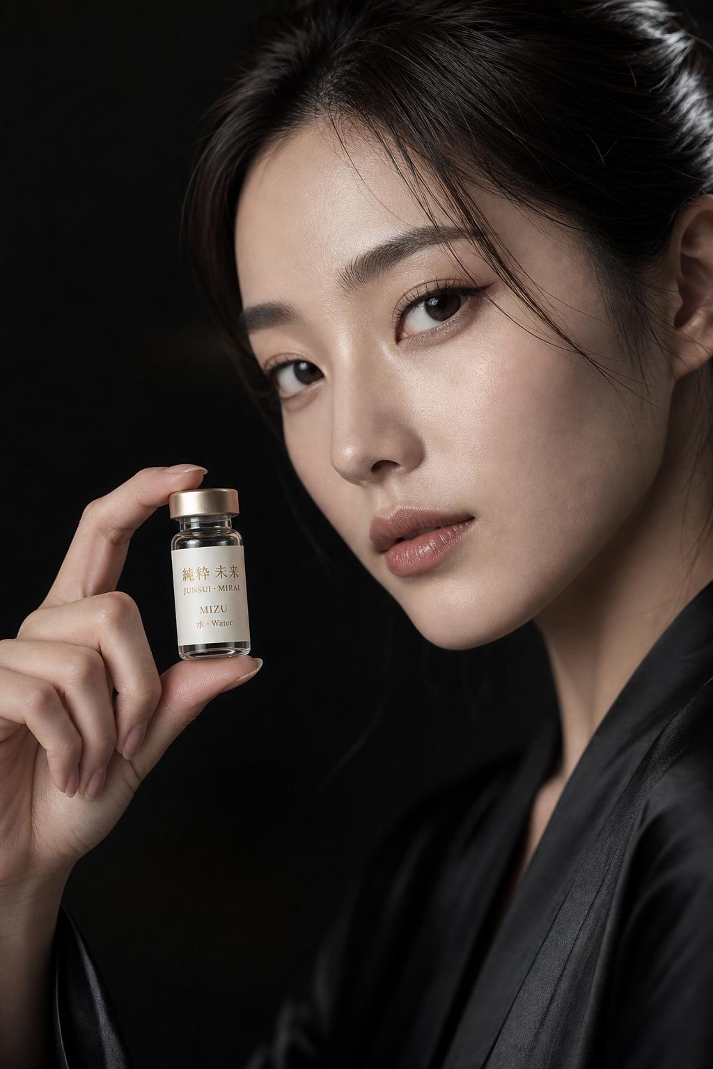 Sophisticated Japanese woman holding JUNSUI Mizu HA skin booster ampoule — luxury Japanese regenerative skincare ritual