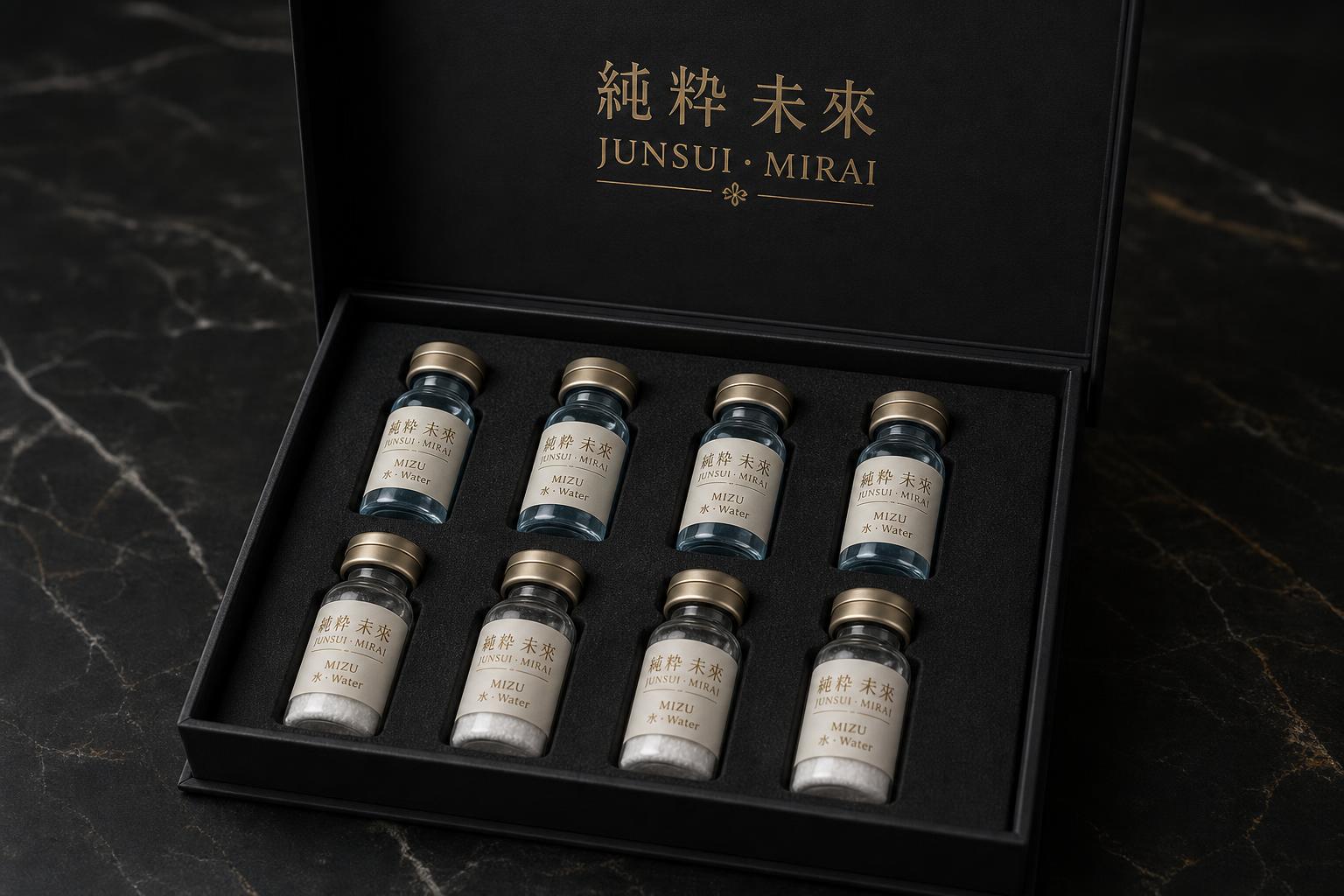 JUNSUI Mizu 8-ampoule reconstitution kit packaging — Japanese regenerative skincare hyaluronic acid booster