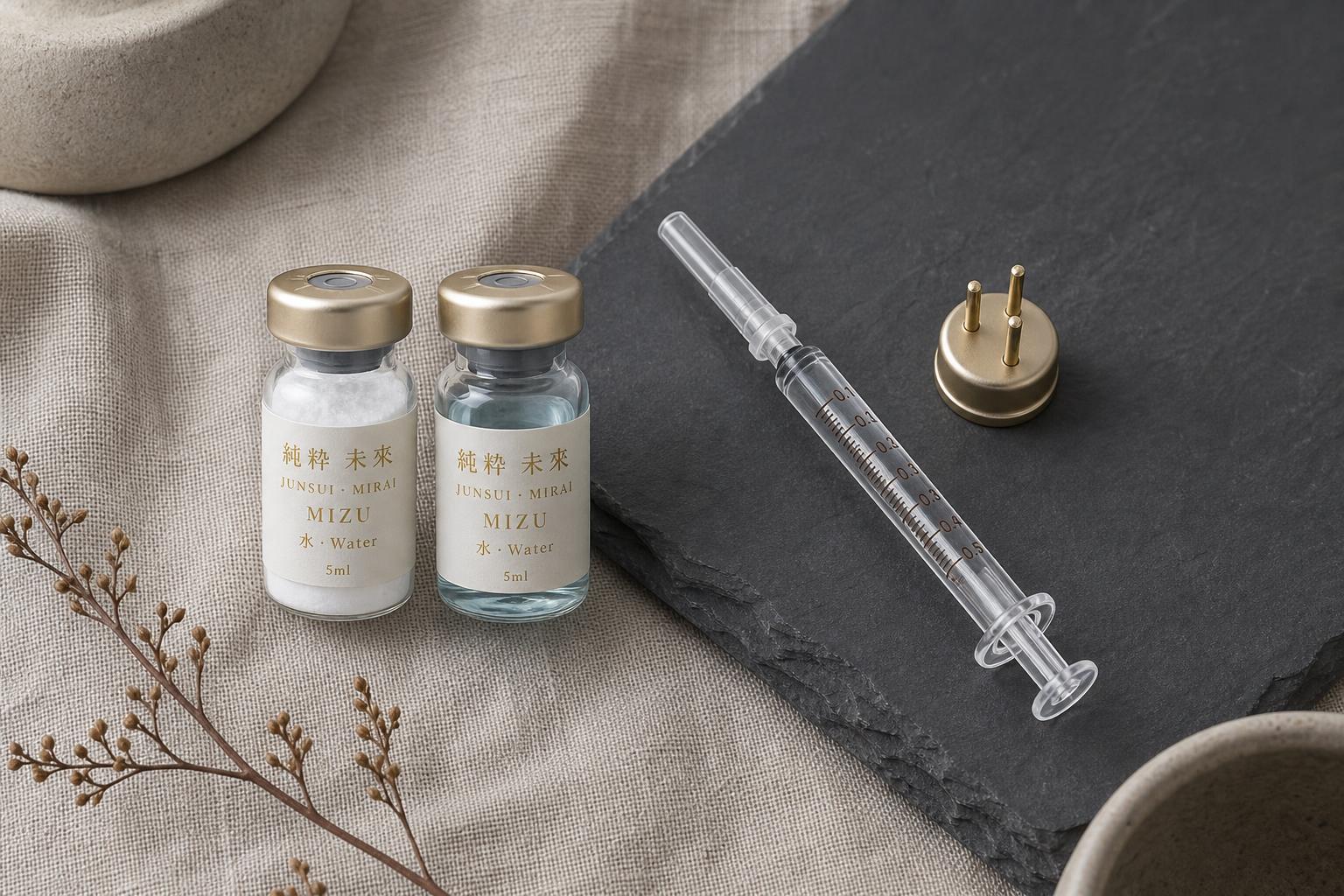 JUNSUI Mizu ampoule and reconstituted serum on linen — at-home cosmetic skincare ritual setup