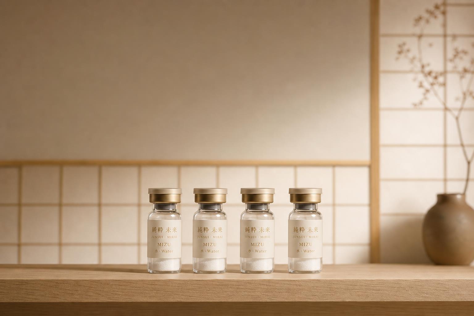 Four JUNSUI Mizu HA booster ampoules on pale oak shelf before shoji screen — Japanese cosmetic-grade aesthetics ritual