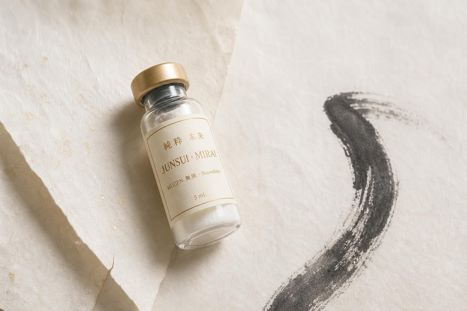JUNSUI Mugen 5ml multi-active prestige ampoule on washi paper with sumi-ink brushstroke — Japanese biotechnology longevity skincare