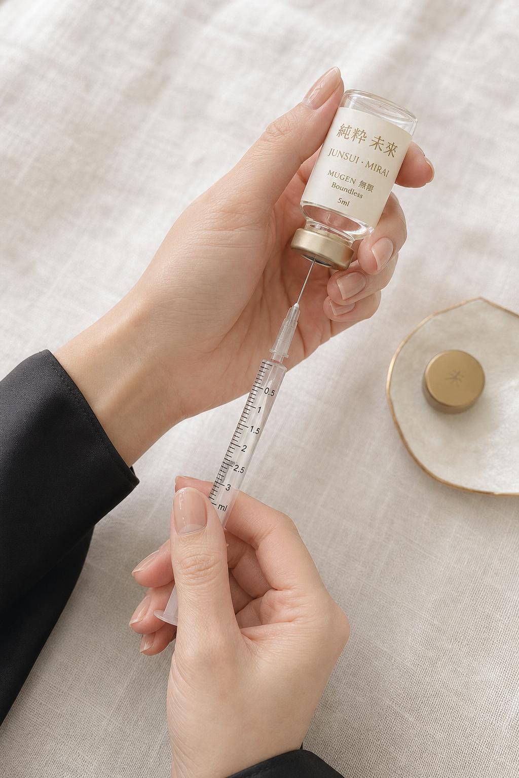 Hands in black silk preparing JUNSUI Mugen multi-active prestige serum for at-home cosmetic skincare ritual and post-care