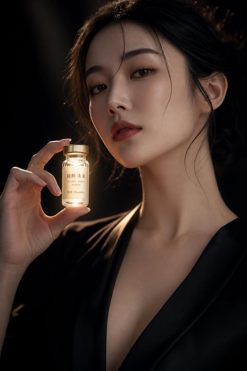 Sophisticated Japanese woman in black silk holding JUNSUI Mugen prestige multi-active ampoule — luxury regenerative skincare ritual