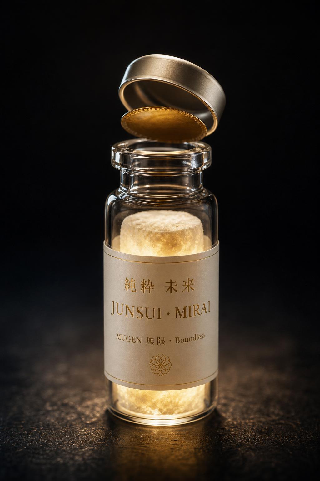 JUNSUI Mugen multi-active prestige skincare ampoule opened — 5ml co-lyophilised PDRN GHK-Cu HA niacinamide cake