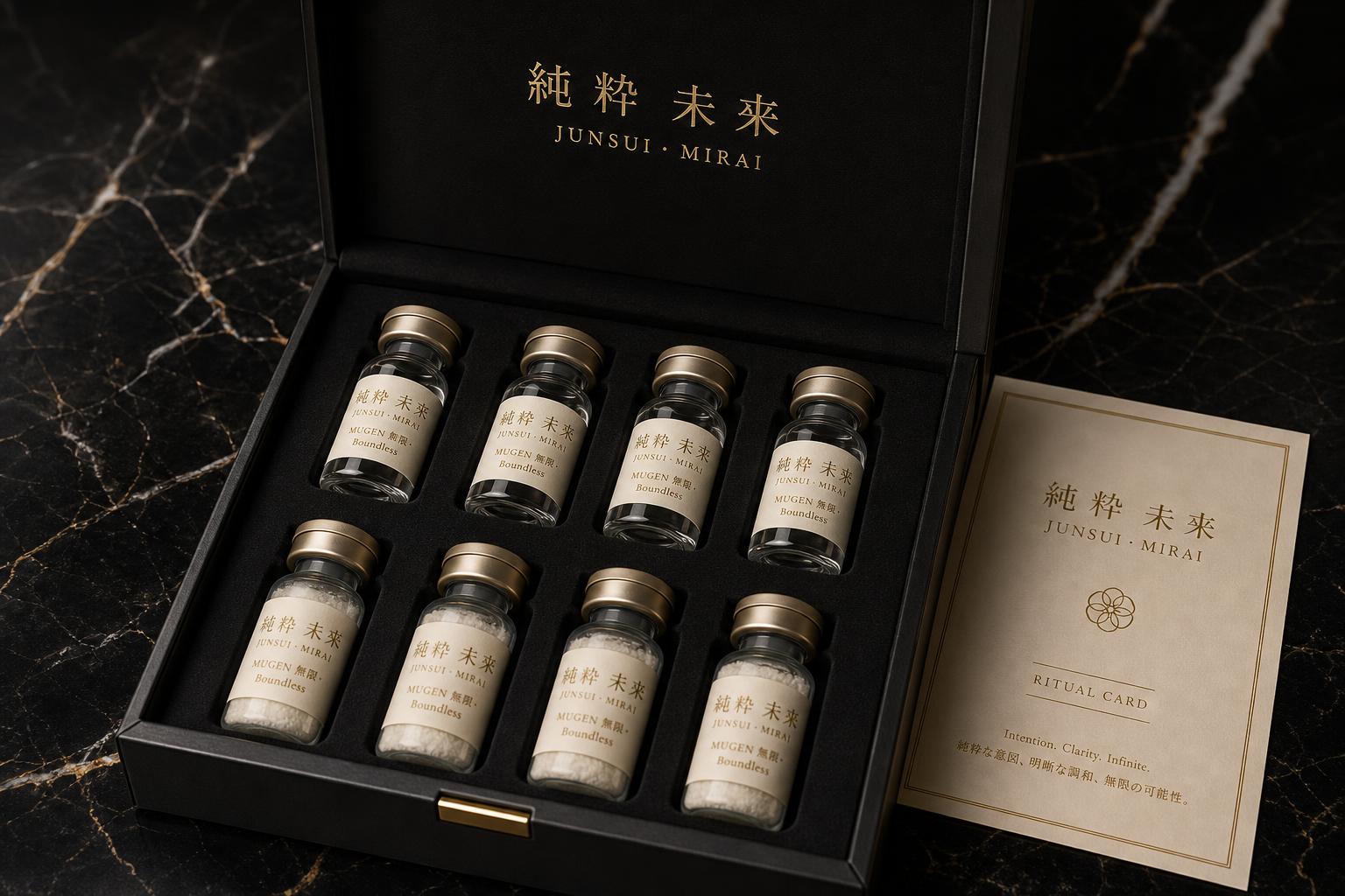 JUNSUI Mugen flagship 8-ampoule reconstitution kit packaging — prestige PDRN copper peptide hyaluronic acid longevity skincare