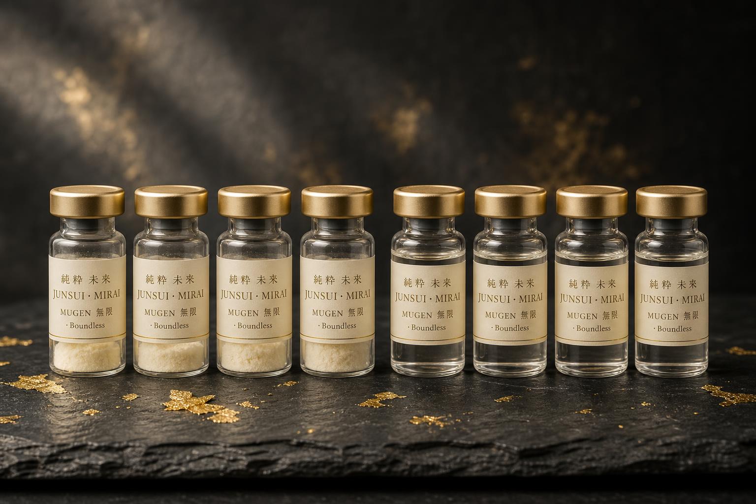 Eight JUNSUI Mugen PDRN copper peptide HA ampoules arranged on dark slate — prestige cosmetic-grade aesthetics 4-session kit