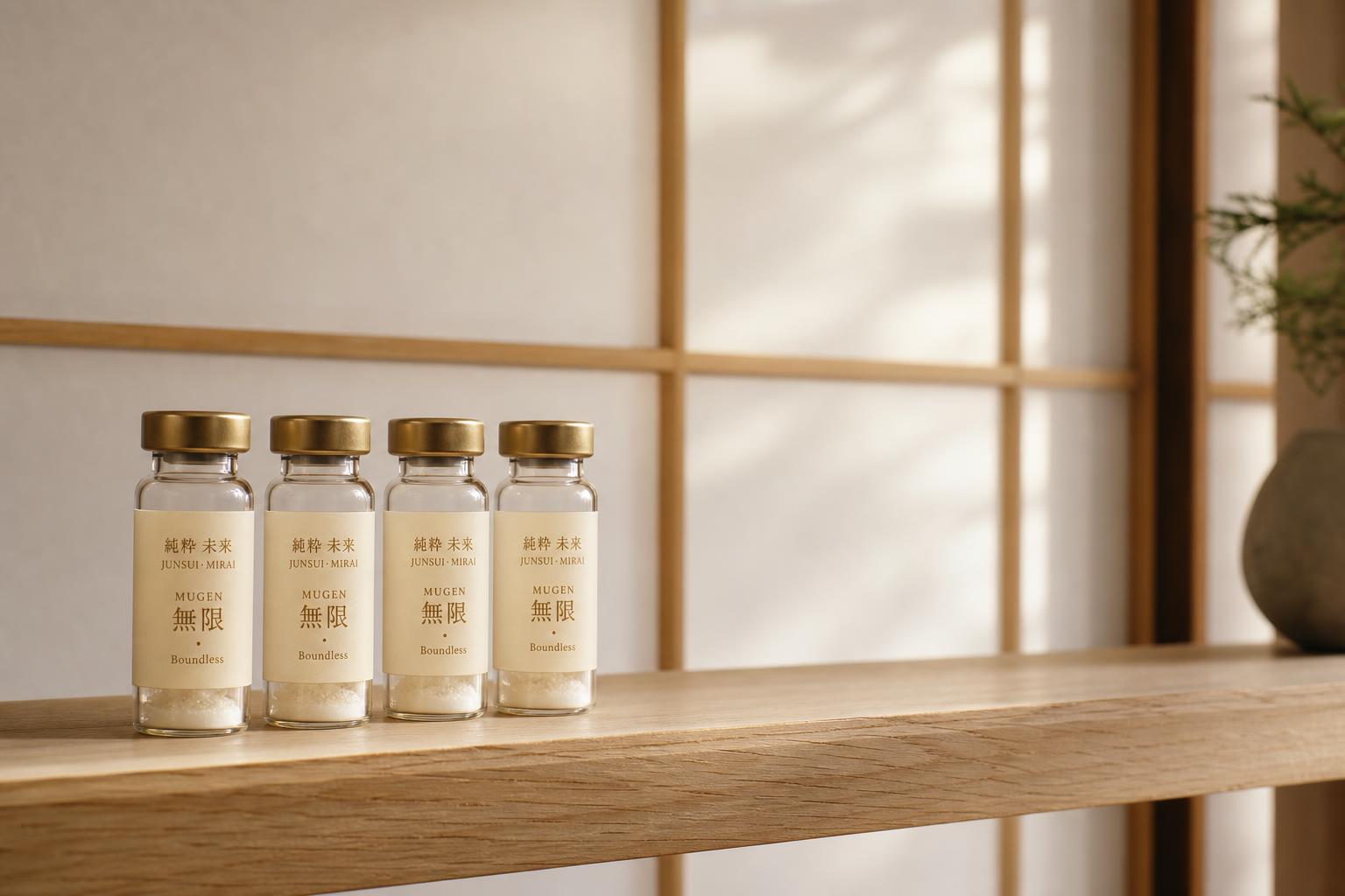 Four JUNSUI Mugen prestige multi-active ampoules on pale oak shelf before shoji screen — Japanese regenerative skincare ritual