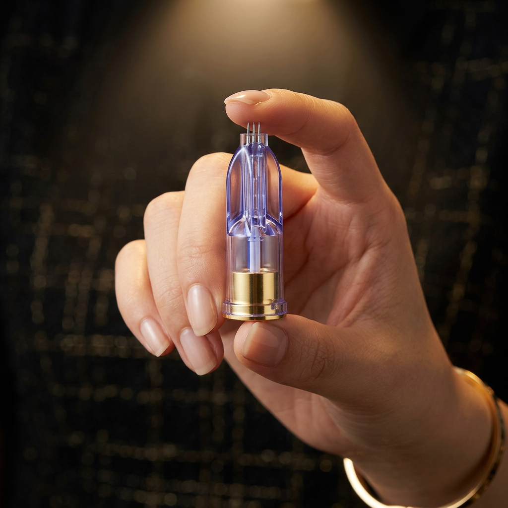 Single Junsui Mirai ampoule standing under a gold spotlight on a matte black pedestal