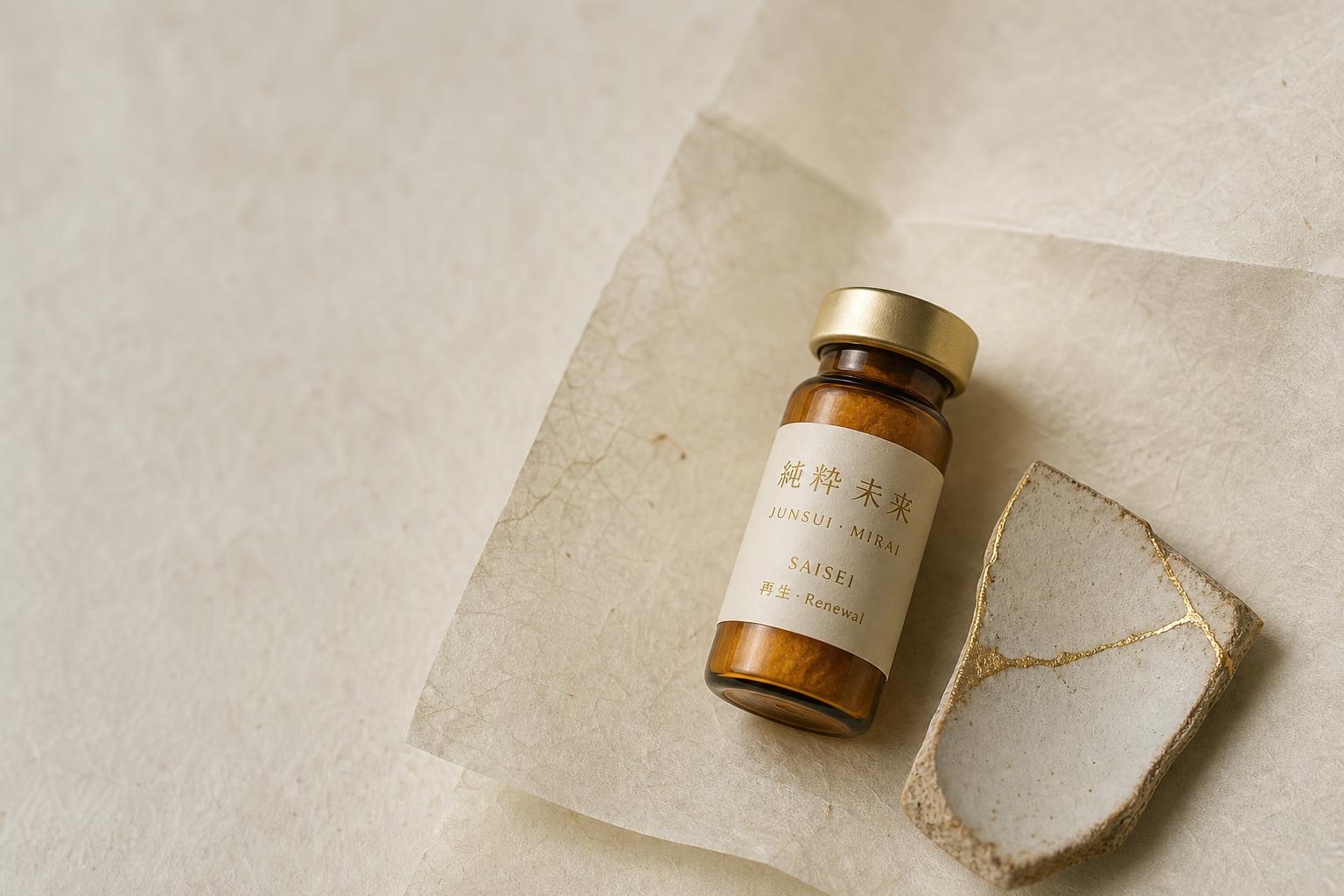 JUNSUI Saisei 5ml PDRN salmon DNA ampoule on washi paper with kintsugi shard — Japanese regenerative biotechnology skincare