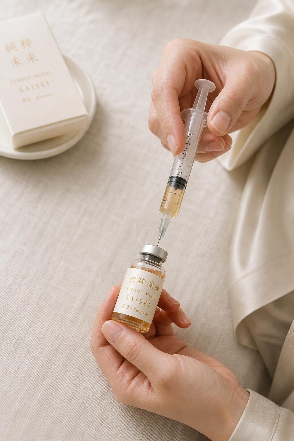 Hands preparing warm amber JUNSUI Saisei PDRN polynucleotide serum for at-home cosmetic skincare recovery