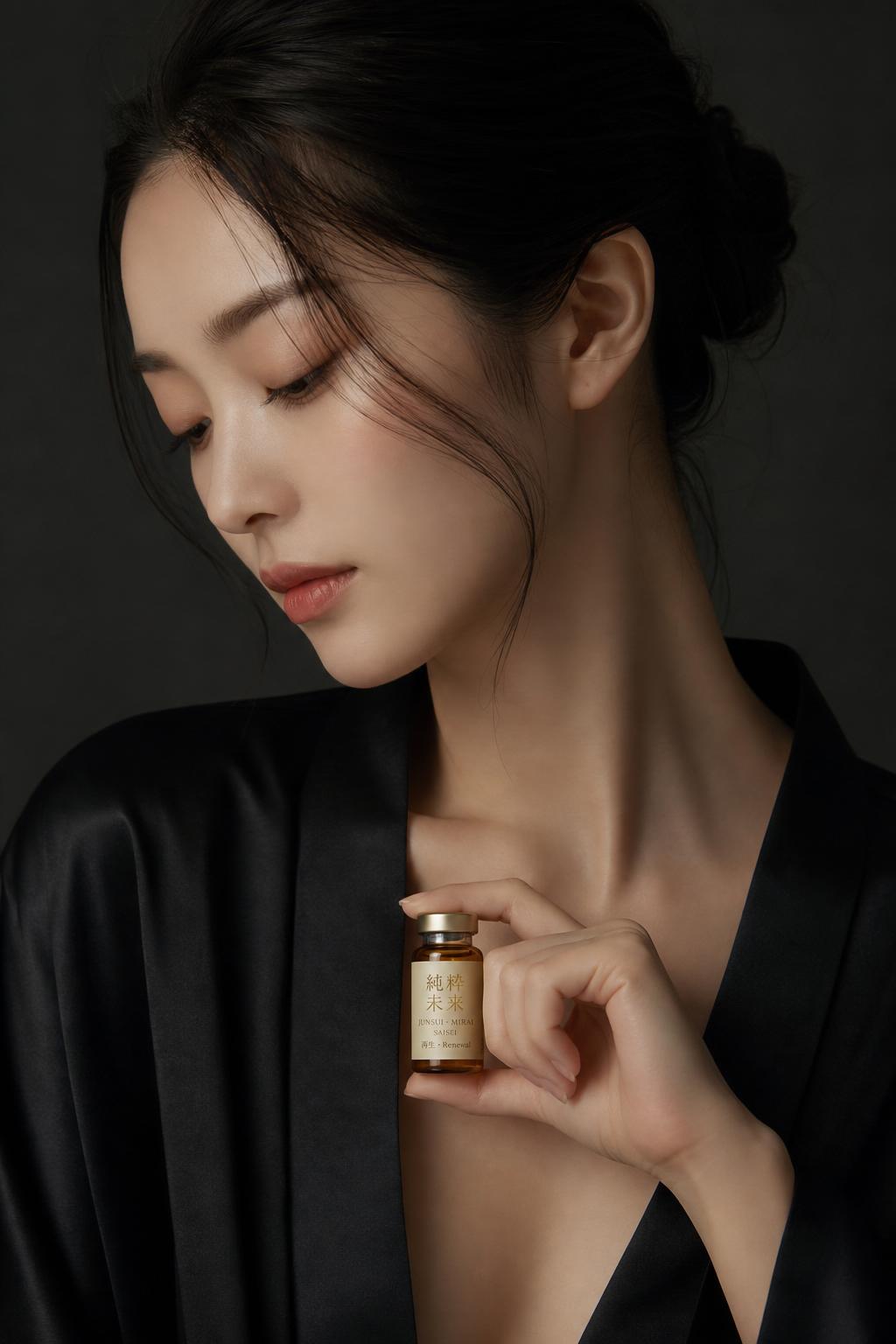 Japanese woman holding JUNSUI Saisei PDRN salmon DNA serum ampoule — regenerative skin recovery and barrier repair ritual