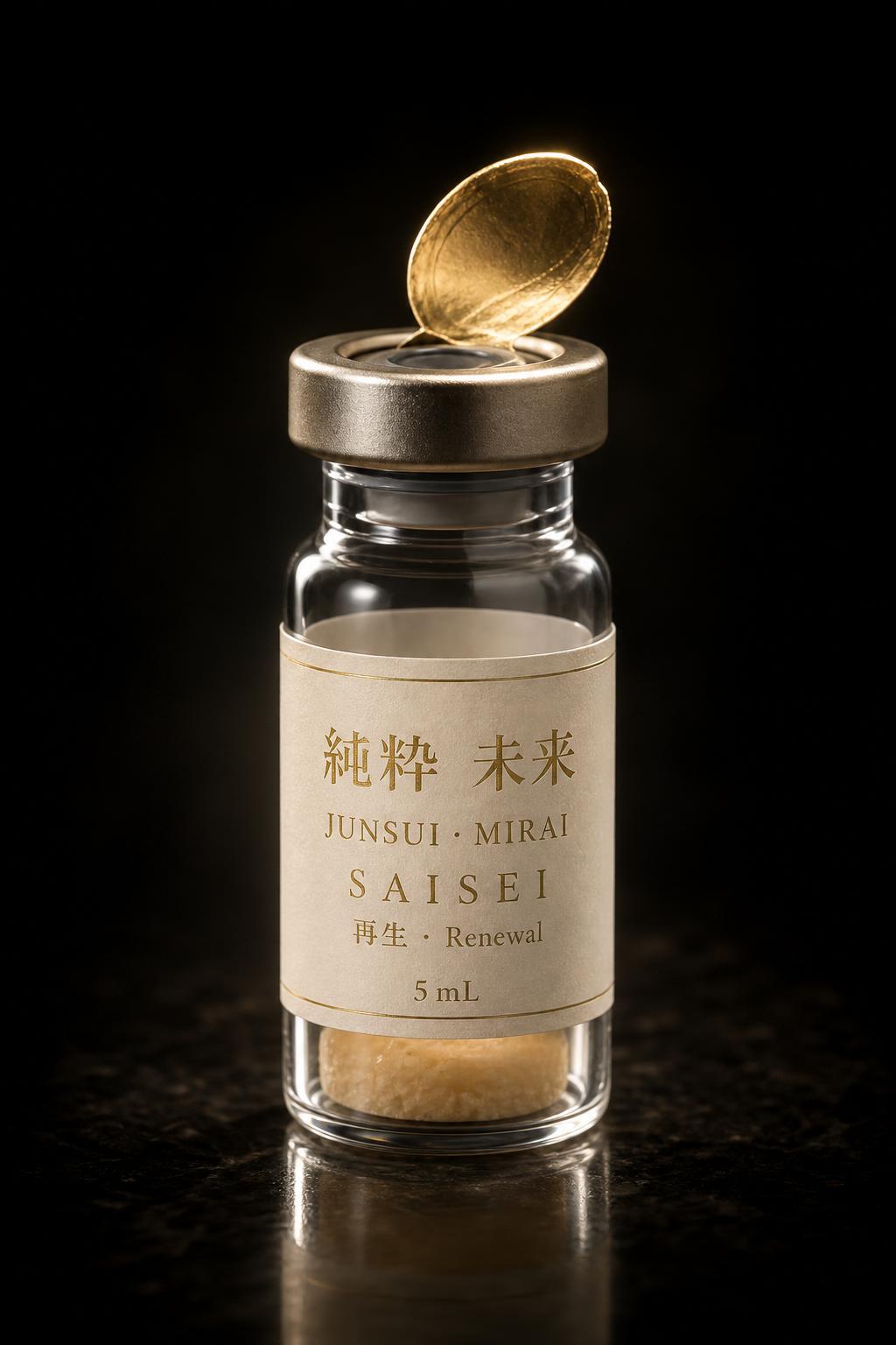 JUNSUI Saisei PDRN salmon DNA serum ampoule opened — 5ml lyophilised polynucleotide amber cake post-exfoliation recovery