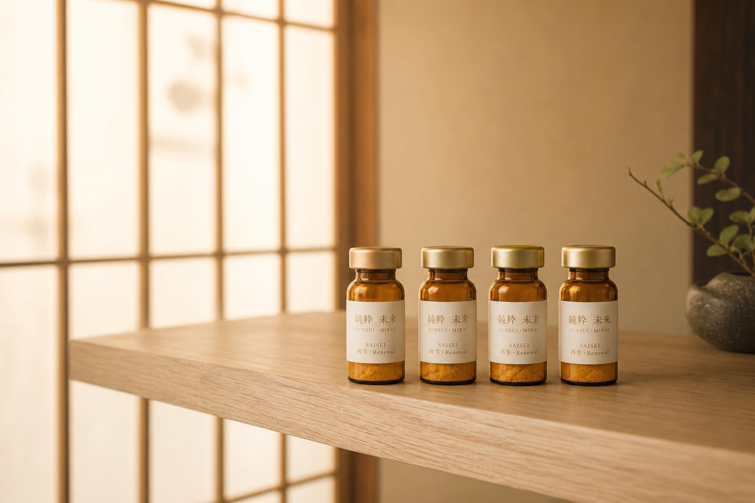 Four JUNSUI Saisei PDRN salmon DNA recovery ampoules on pale oak shelf before shoji screen — Japanese cosmetic-grade aesthetics
